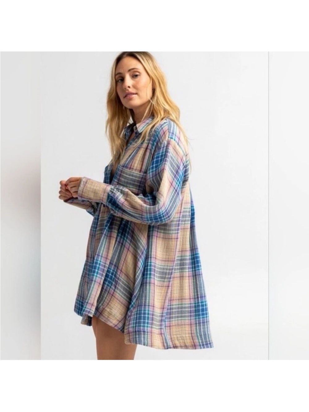 Free People Oversized Plaid Button-Front Voyage Shirt Dress in Blue Lavender Tan - Picture 3 of 9
